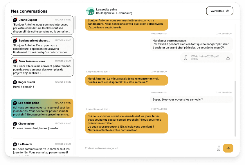 Interface de chat avec les recruteurs